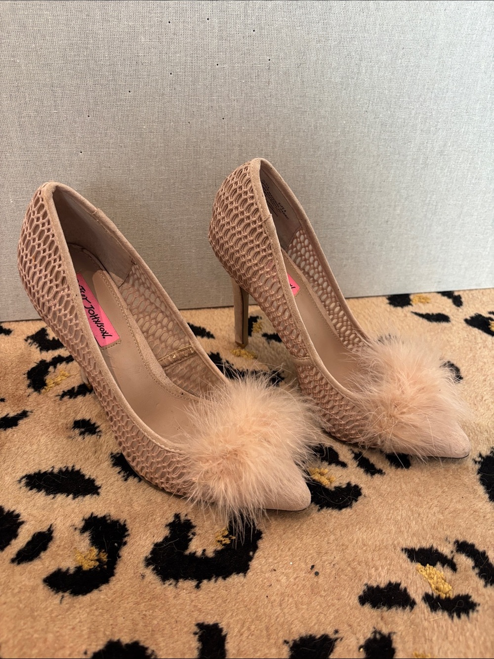 Betsey Johnson Blush Mesh Pointed-Toe Pumps with Boa Feather Pom